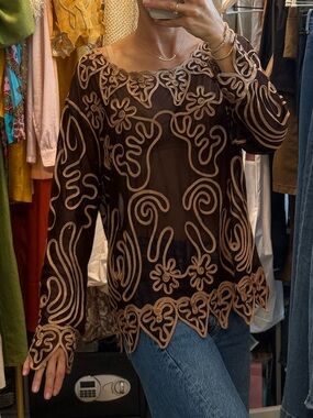 Brown Embroidered Sheer Long-Sleeve Top - Brown